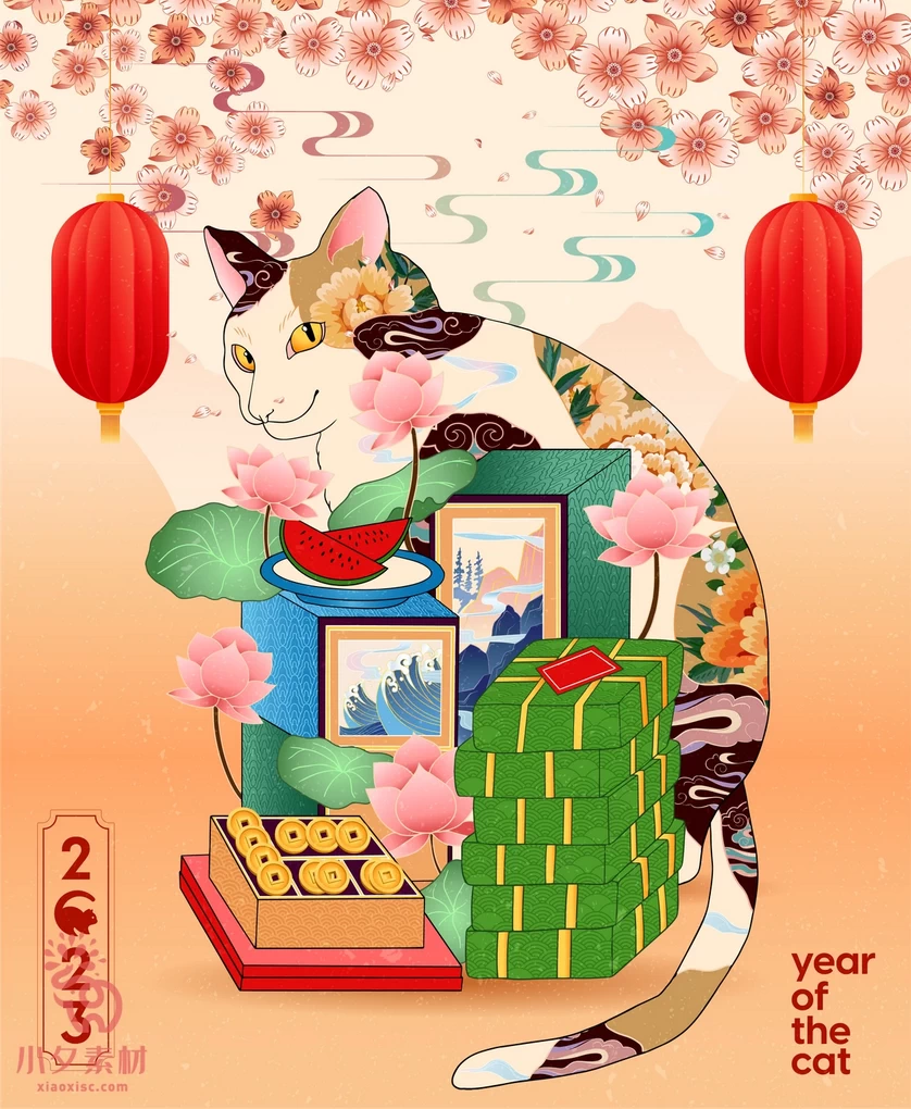 卡通创意趣味日中国风招财猫猫咪元宝新年插画海报AI矢量设计素材【020】